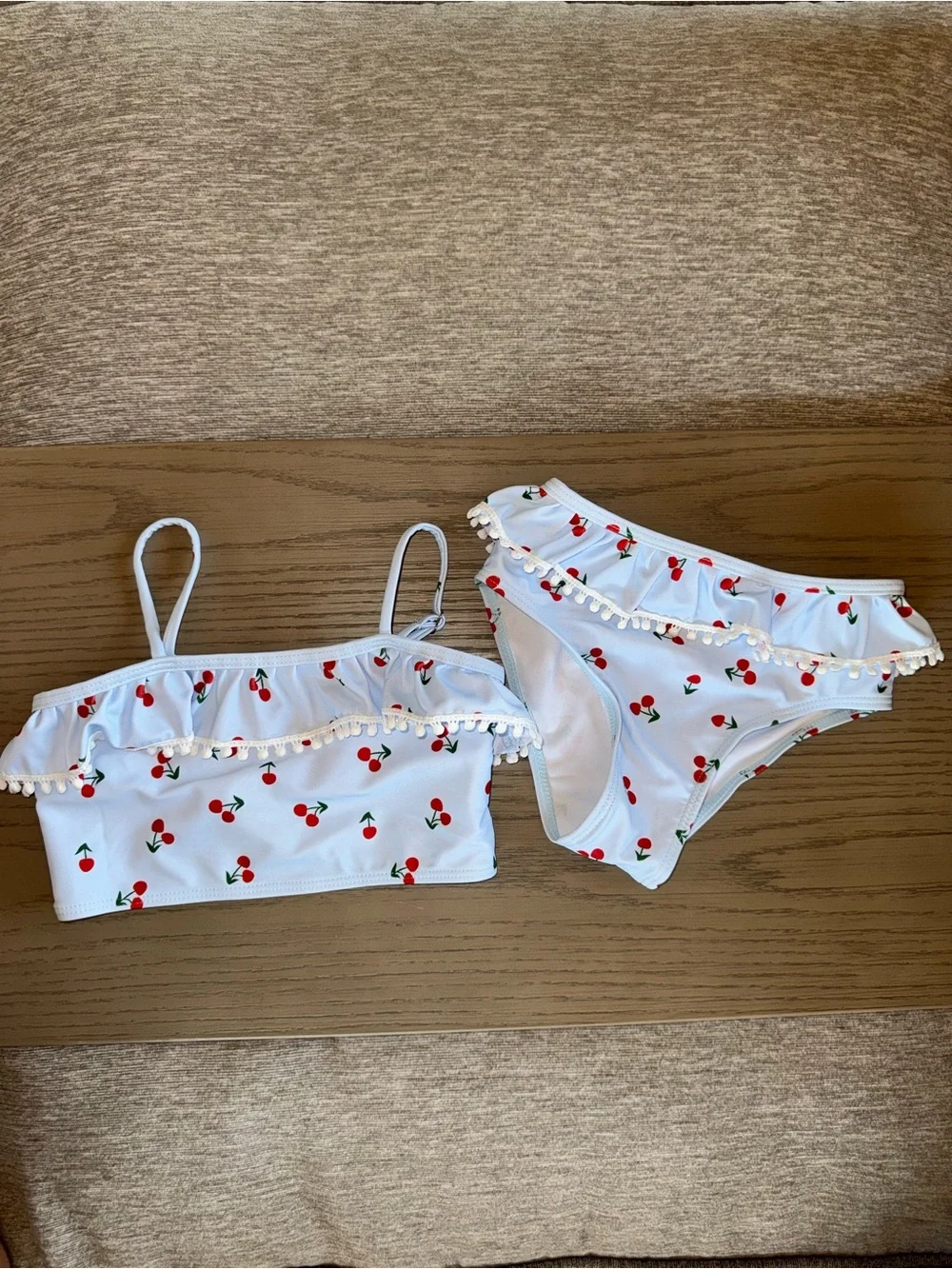 SHEIN White Cherry Print Ruffle Bikini Set with Pom Trim